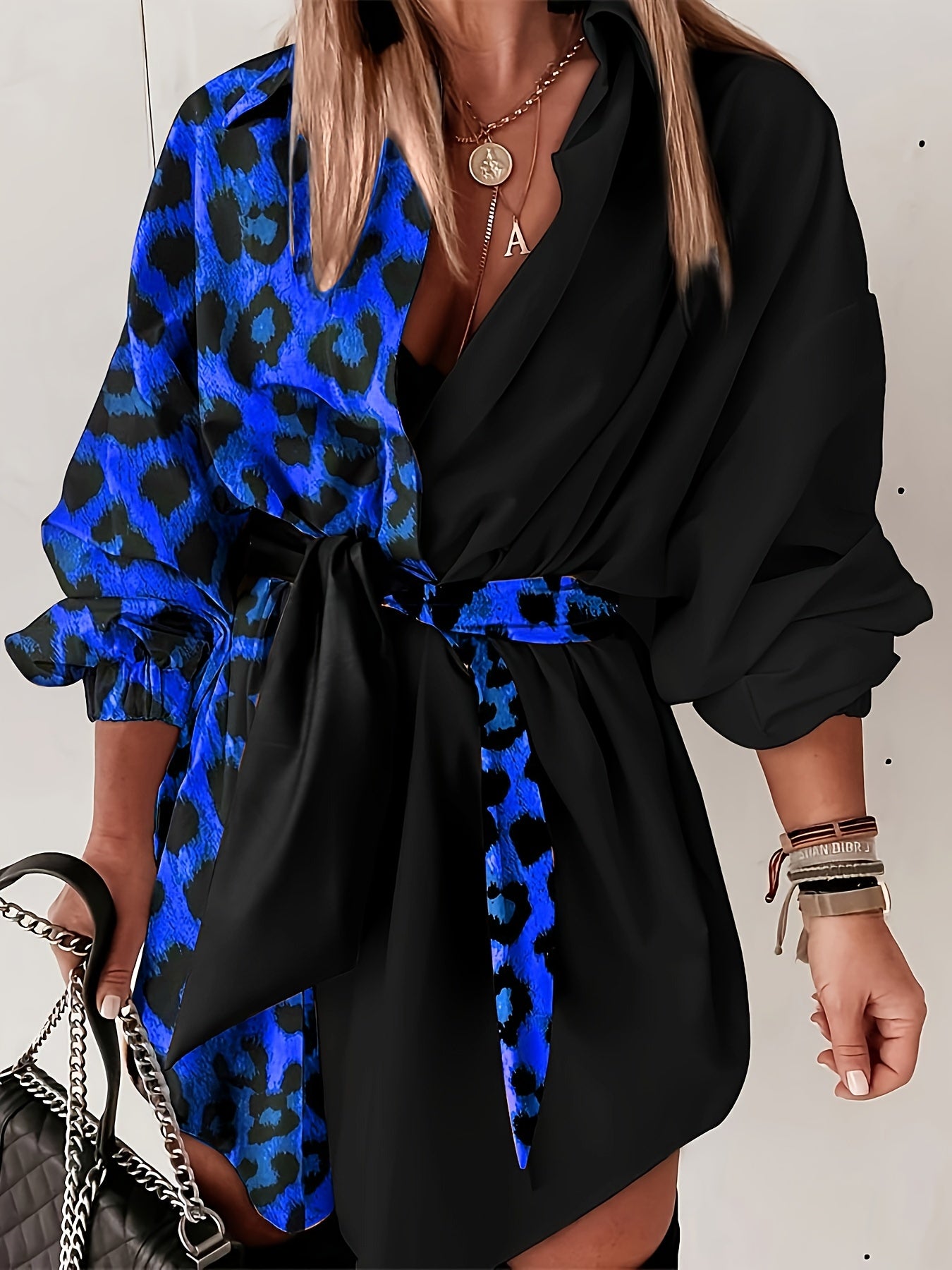 Women'S Leopard Print Wrap Dress with V-Neck and Button Details - Stylish Black and Brown Pattern, Perfect for All Seasons, Casual to Semi-Formal Attire, Casual Attire|Vneck Dress|Wrap Dress